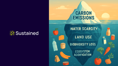 Image of an iceberg with carbon emissions visible, and other environmental impacts under the surface 